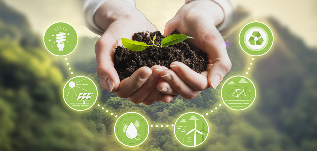 Supporting business leaders in achieving social responsibility. Two Caucasian hands cup dark soil with a green seedling in the middle. Surrounding the hands are images associated with sustainability.